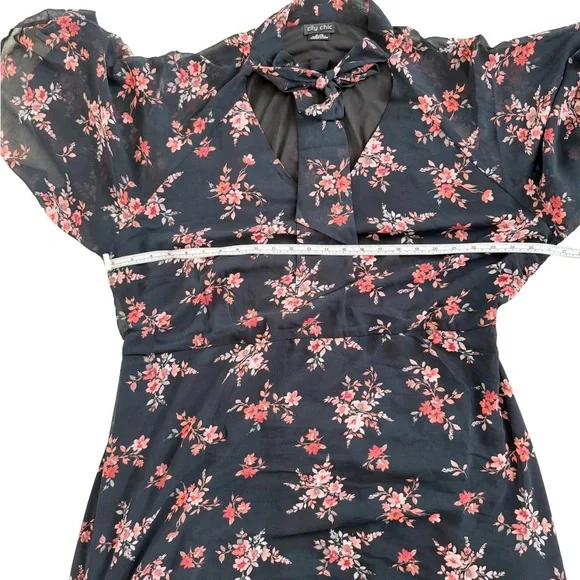 CITY CHIC Floral Chiffon Midi Dress Tie Neck Ruffle Hem Plus Size 22 🌸🖤 - Picture 9 of 9